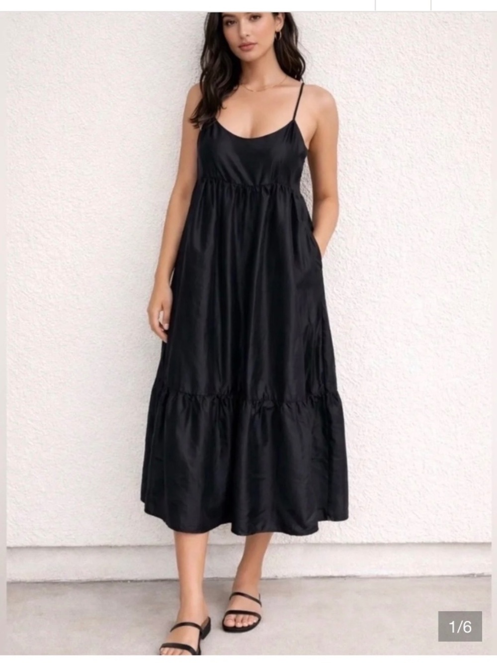 Chelsea & Violet Black Satin Tiered Spaghetti-Strap Midi, size 2